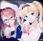  2girls :3 alternate_costume bangs beatrix_(granblue_fantasy) belldot bespectacled blonde_hair blue_eyes blue_ribbon blue_shirt breasts brown-framed_glasses brown_eyes brown_hair casual closed_eyes closed_mouth contemporary cream cup drink drinking_straw earrings eyebrows eyebrows_visible_through_hair eyelashes flat_chest glasses granblue_fantasy green_nails grin hair_ornament hair_ribbon hairband head_tilt indoors jewelry long_hair looking_at_viewer multiple_girls nail_polish necklace one_side_up overalls red_nails ribbon shirt short_sleeves signature sketch smile starbucks swept_bangs t-shirt twintails upper_body white_shirt yellow_eyes zeta_(granblue_fantasy) 