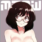  1girl alphy blush breasts brown_background brown_eyes brown_hair cleavage closed_mouth collarbone eyelashes glasses looking_at_viewer original pink_lips rimless_glasses round_glasses short_hair simple_background smile solo tareme topless 