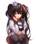  1girl black_hair black_joa black_legwear character_request chin_rest hat highres long_hair long_sleeves mabinogi mini_hat mini_top_hat open_mouth pantyhose red_eyes simple_background smile solo squatting top_hat very_long_hair white_background 