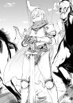  1girl armor armored_boots boots cape chainmail cowter expressionless gauntlets hands_on_hilt highres kurofudo long_hair pauldrons sword weapon 