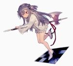  1girl ankle_boots axe bare_legs black_ribbon boots center_frills checkered checkered_floor closed_mouth dutch_angle faux_figurine full_body glint hair_ribbon high_heel_boots high_heels holding holding_weapon kstaisa long_sleeves no_pants pointy_ears purple_hair ribbon running shirt simple_background sketch solo two_side_up violet_eyes weapon white_background white_boots white_shirt 