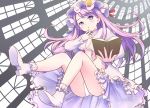  1girl ass blush book boots capelet crescent dress from_below full_body hat kamekichi_(kamekiti) lavender_hair long_hair long_sleeves looking_at_viewer mob_cap open_book open_clothes open_dress panties pantyshot patchouli_knowledge solo touhou underwear violet_eyes white_panties 