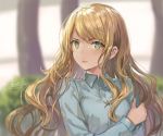  1girl 2016 artist_name blonde_hair blue_shirt blurry bush collared_shirt dated depth_of_field green_eyes hand_on_own_arm head_tilt holding_arm long_sleeves looking_at_viewer momoko_(momopoco) original outdoors parted_lips pink_lips plant serious shirt signature solo tree upper_body wing_collar 