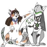  1boy 1girl animal animal_ears animalization blizzard_(company) brown_hair cat cat_ears cat_tail collar cyborg d.va_(overwatch) genji_(overwatch) hair headband headphones headset lillu long_hair lowres mask overwatch paws slit_pupils tabby_cat tagme tail visor whiskers white_fur 