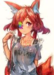 1girl animal_ears arms_behind_back bag blush closed_mouth clothes_writing english eyepatch fox_ears fox_tail grey_shirt handbag looking_at_viewer original pink_eyes redhead ring_necklace shiratan shirt short_hair_with_long_locks simple_background sketch solo tail white_background 
