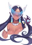  1girl bare_shoulders black_hair blush breasts choker cleavage collarbone cyborg dark_skin earrings forehead_jewel headgear highres jewelry large_breasts long_hair looking_at_viewer mechanical_arm necklace overwatch parted_lips saidyiiii simple_background sketch solo symmetra_(overwatch) visor white_background yellow_eyes 