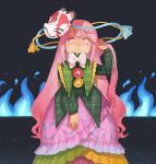  1girl absurdres adapted_costume alternate_costume blue_fire bow bowtie buttons fire fox_mask hata_no_kokoro highres long_hair long_sleeves looking_at_viewer mask noh_mask pink_eyes pink_hair plaid plaid_shirt shirt skirt solo touhou usudaidai 