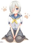  1girl :o alternate_hairstyle between_legs black_legwear blue_eyes blush breasts buttons chaa_(korone-ze) hair_ornament hair_over_one_eye hairclip hamakaze_(kantai_collection) hand_between_legs highres kantai_collection large_breasts looking_at_viewer low_twintails neckerchief no_gloves pantyhose paw_print pleated_skirt school_uniform serafuku short_hair short_sleeves short_twintails silver_hair sitting skirt solo twintails twitter_username v_arms wariza 