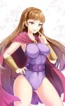  1girl bangs blonde_hair blue_eyes blunt_bangs breasts cape chocho_(homelessfox) covered_navel earrings finger_to_face game_queen hand_on_hip jewelry korean leotard long_hair looking_at_viewer narara_superboard parted_lips purple_clothes retro_anime solo 