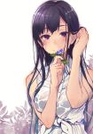  1girl ane_naru_mono bangs black_bra black_hair blue_flower bra breasts buttons character_request collared_shirt dripping eyebrows eyebrows_visible_through_hair eyelashes flower flower_in_mouth front-tie_top hair_tucking holding holding_flower large_breasts leaf long_hair mole mole_under_eye mouth_hold pochi_(pochi-goya) see-through shirt simple_background skirt sleeveless sleeveless_shirt smile solo tied_shirt underwear upper_body violet_eyes wet wet_clothes wet_hair white_background white_shirt white_skirt 