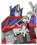  1boy 1girl android autobot character_request glowing humanoid_robot kamizono_(spookyhouse) machine machinery mecha mop no_humans open_mouth optimus_prime original red_eyes robot science_fiction transformers 