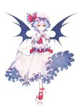  1girl bat_wings deep_(deep4946) dress full_body hair_between_eyes hand_to_own_mouth hat highres lavender_hair looking_at_viewer mary_janes mob_cap pink_dress pointy_ears puffy_short_sleeves puffy_sleeves red_eyes remilia_scarlet shoes short_hair short_sleeves skirt skirt_lift slit_pupils touhou vampire white_background white_legwear wings 
