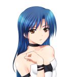  1girl blue_hair brown_eyes collarbone idolmaster kisaragi_chihaya kyo-second long_hair simple_background solo strapless white_background 