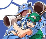  +_+ 1girl backpack bag blastoise blue_eyes blue_hair cannon hair_bobbles hair_ornament hat kapiten70 kawashiro_nitori pointing pokemon pokemon_(creature) short_hair touhou two_side_up 