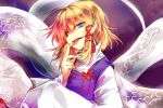  1girl blonde_hair finger_licking hair_ribbon kutsuki_kai licking long_sleeves looking_at_viewer mishaguji moriya_suwako no_hat red_ribbon ribbon shaded_face solo tongue tongue_out touhou tress_ribbon upper_body wide_sleeves yellow_eyes 