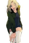  1girl ;p asuna_(i_luv) blonde_hair bomber_jacket girls_und_panzer green_eyes hair_intakes jacket kay_(girls_und_panzer) long_hair long_sleeves looking_at_viewer one_eye_closed open_mouth sketch smile solo teeth thigh-highs tongue tongue_out white_background white_legwear 