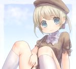  1girl black_dress blonde_hair blue_eyes blue_sky clouds dress hat looking_at_viewer original out-of-frame_censoring sad_fuka sitting sky solo twintails 