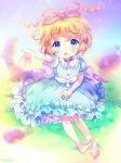  1girl amo barefoot blonde_hair blue_dress blue_eyes dress hair_ribbon highres looking_at_viewer medicine_melancholy open_mouth outstretched_arm puffy_short_sleeves puffy_sleeves ribbon sash short_sleeves solo sparkle touhou wavy_hair 