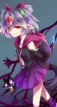  1girl bare_shoulders bell bell_collar black_cat cat collar collarbone detached_sleeves duel_monster grey_hair hair_ornament hood hoodie hypnosister kutsuki_kai looking_at_viewer navel pendulum pointy_ears purple_skirt red_eyes shaded_face shadow short_hair skirt solo third_eye yuu-gi-ou 