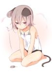  1girl akagashi_hagane animal_ears bare_shoulders barefoot between_legs black_panties camisole collarbone grey_hair hand_between_legs jewelry mouse mouse_ears mouse_tail nazrin panties pendant red_eyes short_hair sitting solo sweat tail touhou translated underwear v_arms 