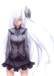  1girl dark_skin eyelashes fu-ta hair_over_one_eye highres long_hair looking_at_viewer orange_eyes original skirt solo white_hair 