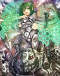  1girl bangs breasts clenched_hand clouds company_name covered_navel double_bun eikou_no_guardian_battle gears genbu green_eyes green_hair hair_ornament highres madogawa official_art open_mouth short_hair skin_tight sky small_breasts snake solo yin_yang 