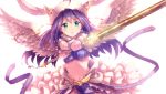  1girl angel_wings aqua_eyes blush idolmaster idolmaster_million_live! ima_(lm_ew) long_hair looking_at_viewer mochizuki_anna navel purple_hair sword weapon wings 