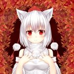  1girl :3 animal_ears autumn_leaves bare_shoulders blush breasts detached_sleeves hand_on_own_chest hat highres inubashiri_momiji large_breasts leaf leaf_background looking_at_viewer oohirakeisuke pom_pom_(clothes) red_eyes short_hair silver_hair solo tokin_hat touhou wolf_ears 
