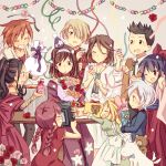  1boy 6+girls ^.^ ^_^ ^o^ antique_camera birthday_party black_hair blonde_hair blue_eyes blush bottle bouquet bow braid brown_eyes brown_hair cake camera china_dress chinese_clothes closed_eyes confetti covering_ears curly_hair dougi dress earrings flower food freckles fujieda_kaede gift glasses grey_hair hair_bow hairband hakama hat holding_plate iris_chateaubriand japanese_clothes jewelry kanzaki_sumire kimono kirishima_kanna lavender_background leni_milchstrasse looking_down maria_tachibana meiji_schoolgirl_uniform multiple_girls necklace obi oogami_ichirou pants paper_chain party_hat party_popper perfume_bottle pink_bow plate pot presenting purple_hair red_bow red_dress red_shirt redhead reverse_trap ri_kouran riding sack sakura_taisen sash shinguuji_sakura shirt short_hair simple_background sitting skirt snack soletta_orihime soup spiky_hair steam strapless strapless_dress stuffed_animal stuffed_toy surprised table tail_wagging taking_picture teddy_bear tranquillo_barnetta twin_braids vest wato 