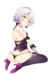  1girl ass assassin_of_black bandages bare_back bare_shoulders black_legwear fate/grand_order fate_(series) green_eyes high_heels looking_at_viewer looking_back short_hair silver_hair simple_background skindentation solo thigh-highs thighs thong ura1011 white_background 