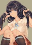  1girl black_hair blue_eyes blush dokiyuri long_hair looking_at_viewer original sitting skirt smile socks solo 