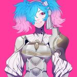  1girl armor blue_hair bow fire_emblem fire_emblem_if hair_over_one_eye highres long_hair multicolored_hair naki_(ynjtb) pieri_(fire_emblem_if) pink_background pink_eyes pink_hair simple_background solo teeth twintails two-tone_hair 