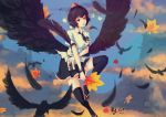  1girl absurdres artist_name autumn_leaves bird black_hair black_legwear black_skirt black_wings blue_sky breasts camera clouds collared_shirt crow day feathered_wings feathers floating frilled_skirt frills hat highres holding_camera holding_leaf knee_up looking_at_viewer pointy_ears red_eyes ribbon shameimaru_aya shirt short_hair short_sleeves skirt sky solo sunset thigh-highs tokin_hat touhou white_shirt wings 