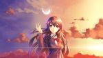  1girl ame_no_uta brown_eyes brown_hair clouds dusk feathers highres original purple_sky sky solo vocaloid yellow_sky 