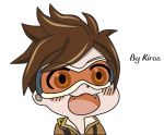  1boy :3 :d artist_name blush blush_stickers brown_eyes brown_hair brown_jacket chibi commentary dot_nose english eyebrows eyebrows_visible_through_hair fangs glowing goggles gyate_gyate highres meme open_mouth oscar_bautista overwatch signature smile solo teeth tracer_(overwatch) white_background 