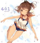  1girl ;) ass_visible_through_thighs bare_legs bare_shoulders barefoot black_ribbon blush brown_eyes brown_hair character_name collarbone cowboy_shot hair_ribbon i-401_(kantai_collection) kantai_collection leg_up looking_at_viewer one-piece_swimsuit one_eye_closed ribbon running sailor_collar school_swimsuit shijima_(sjmr02) short_ponytail sleeveless smile solo swimsuit swimsuit_under_clothes tan twitter_username 