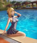  1girl absurdres blonde_hair breasts covered_nipples fate/stay_night fate_(series) frills goldengear870 hand_in_hair highres large_breasts palm_tree partially_submerged pool saber saber_alter sideboob solo thighs tight tree water yellow_eyes 