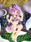  1girl adapted_costume barefoot bowl crescent frills gplnbeat highres open_mouth purple_hair short_hair solo sukuna_shinmyoumaru touhou violet_eyes 