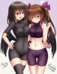  2girls :t bare_shoulders bike_shorts black_hair black_legwear black_wings blush breast_press breasts brown_hair character_name covered_navel himekaidou_hatate impossible_clothes long_hair midriff multiple_girls navel open_mouth oubou pout red_eyes shameimaru_aya simple_background smile standing taut_clothes thigh-highs thigh_gap touhou twintails wings yellow_eyes 