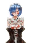  1girl blood blood_from_mouth blood_on_face bloody_clothes blue_hair blush breasts cleavage closed_eyes crying detached_collar detached_sleeves dress hair_ornament hair_over_one_eye highres maid maid_headdress re:zero_kara_hajimeru_isekai_seikatsu rem_(re:zero) ribbon-trimmed_clothes ribbon-trimmed_sleeves ribbon_trim short_hair smile solo tears underbust upper_body wenhe white_background x_hair_ornament 