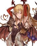  1girl armpits arms_up bare_shoulders bat_print bat_wings blonde_hair cosplay elbow_gloves fang gloves granblue_fantasy head_wings highres kuma_(darakehoudai) long_hair looking_at_viewer morrigan_aensland_(cosplay) open_mouth pantyhose print_legwear red_eyes red_gloves simple_background small_breasts smile solo vampire vampire_(game) vampy white_background wings 