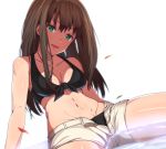  1girl :d bare_arms bare_shoulders bikini bikini_under_clothes black_bikini breasts brown_hair cleavage collarbone erere female front-tie_bikini front-tie_top green_eyes head_tilt idolmaster idolmaster_cinderella_girls long_hair looking_at_viewer navel open_fly open_mouth shibuya_rin shiny shiny_skin shorts simple_background sitting smile solo stomach swimsuit unzipped water white_background white_shorts zipper 