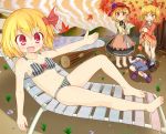  4girls aki_minoriko aki_shizuha autumn_leaves barefoot bikini blonde_hair food fruit gplnbeat grapes green_hair hair_ornament hair_ribbon hat mob_cap multiple_girls open_mouth red_eyes ribbon rumia swimsuit touhou wriggle_nightbug yamcha_pose yellow_eyes 