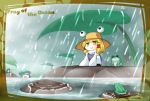  2girls english frog happy highres kashuu_(b-q) kawashiro_nitori moriya_suwako multiple_girls rain smile squatting touhou 