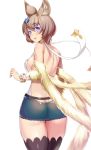  1girl animal_ears ass bangs bare_back bare_shoulders belt blue_eyes blush bob_cut bracelet breasts brown_hair butt_crack cape detached_sleeves dress erun_(granblue_fantasy) eyebrows eyebrows_visible_through_hair from_behind fur_trim granblue_fantasy hair_between_eyes hair_ornament halterneck highres jewelry kawase_seiki looking_at_viewer looking_back open-back_dress open_mouth raised_hand revealing_clothes see-through short_dress short_hair shoulder_blades sideboob solo stella_(granblue_fantasy) thigh-highs thighs wrist_cuffs 