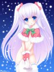  1girl :o bangs blue_eyes blush bow capelet eyebrows eyebrows_visible_through_hair flat_chest gloves green_bow holding long_hair looking_at_viewer maron_(1212ama) navel no_panties original pink_bow sack snowing thigh-highs twintails two_side_up very_long_hair white_hair white_legwear 