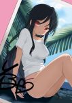  1girl a_channel bikini black_hair blush breasts dutch_angle hair_over_breasts highres kuroda_bb large_breasts long_hair nishi_yuuko no_pants parted_lips photo_(object) red_eyes scan shirt side-tie_bikini sidelocks sitting solo swimsuit 