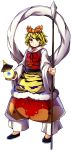  1girl baba_(baba_seimaijo) bishamonten&#039;s_pagoda bishamonten&#039;s_spear blonde_hair full_body hagoromo hair_ornament highres holding holding_weapon o-ring_top polearm ribbon sash shawl short_hair smile solo spear tiger_print tiger_stripes toramaru_shou touhou transparent_background weapon yellow_eyes 