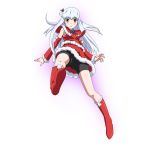 1girl aoki_hagane_no_arpeggio bike_shorts black_shorts boots bow detached_sleeves green_eyes hair_ornament iona long_hari looking_at_viewer necktie red_bow red_necktie red_skirt ribonzu santa_boots santa_costume shorts shorts_under_skirt silver_hair simple_background skirt solo white_background 