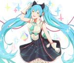  1girl blue_hair dress frilled_dress frills gloves green_eyes hair_ornament hatsune_miku headphones konomi_(kumagai20) long_hair looking_at_viewer magical_mirai_(vocaloid) open_mouth solo twintails vocaloid white_gloves 